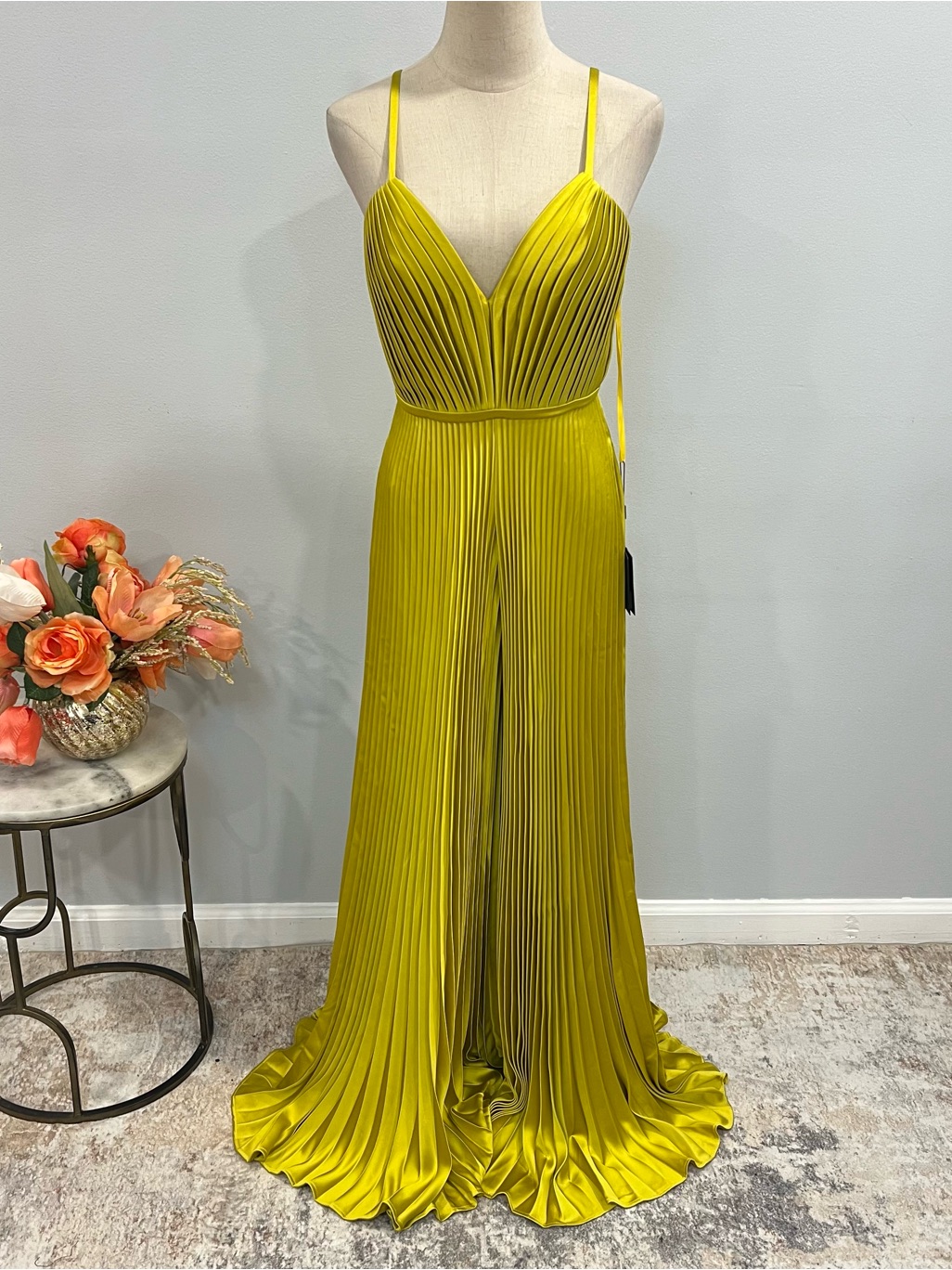 Mac Duggal Leena Chartreuse Yellow Pleated Sleeveless Wide Leg Jumpsuit- Reemoly
